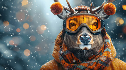   A deer with goggles and two scarves around its neck