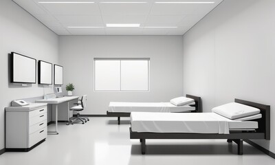 A hospital room furnished with beds and modern medical equipment