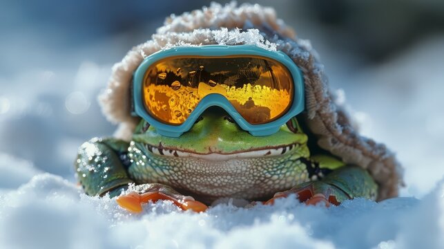   A frog wearing glasses and a hat sits in snow with snow on its back legs