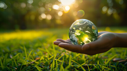hand holding the earth planet on a yellow green background with blur grass field and sun light, generative ai - obrazy, fototapety, plakaty