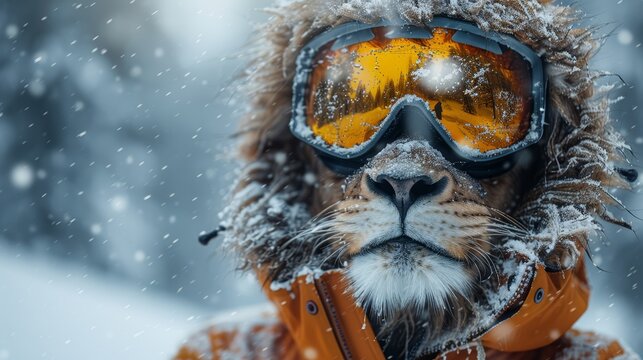   A lion wearing ski goggles and a jacket with a hood on its head, in snow
