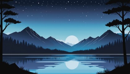 cartoon illustration portrays a night landscape featuring a lake, mountains, and trees along the coast, capturing the beauty of nature