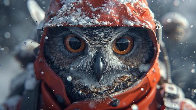   A detailed photo of an owl in a red jacket and hat adorned with a snowflake