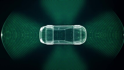 Advanced motion graphics illustrate an autonomous vehicle equipped with self-awareness and comprehensive environmental sensing, capable of operating independently without human involvement