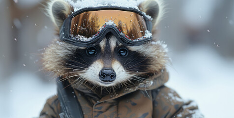   A raccoon in a jacket and goggles, with snow on its head