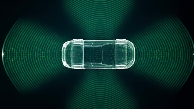 Advanced motion graphics illustrate an autonomous vehicle equipped with self-awareness and comprehensive environmental sensing, capable of operating independently without human involvement