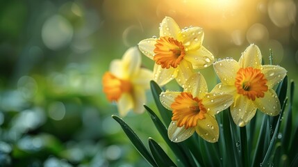   A group of daffodils with droplets of water on them against a hazy backdrop