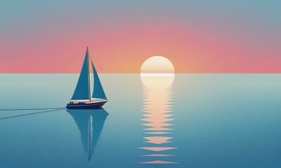 A serene sunset casts its glow over calm blue seas as a boat gently sails