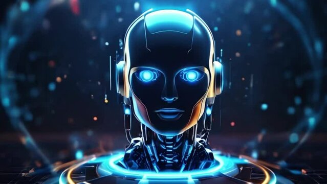 Motion graphic of Blue digital robot icon levitation and circle futuristic HUD with Ai chatbot and machine learning technology with artificial intelligence concepts on abstract background