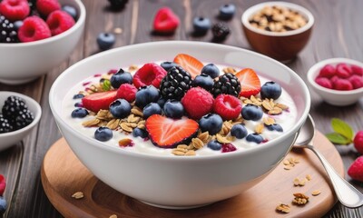 A bowl of yogurt adorned with fresh berries and muesli, perfect for breakfast, set against a serene blue background