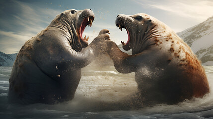 Steller's sea cow a massive herbivorous marine mammal herbivorous fight with each other
 - obrazy, fototapety, plakaty