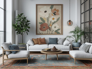 Scandinavian Living Room with Large Floral Art and Modern Decor, with Lounge chairs and sofa