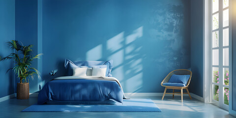 Modern Bedroom Wall 3d Render Of Interior Featuring Empty Dark Blue With Poster Frame Mockup, Bedroom interior with a blue bedspread against a white wall background  - obrazy, fototapety, plakaty