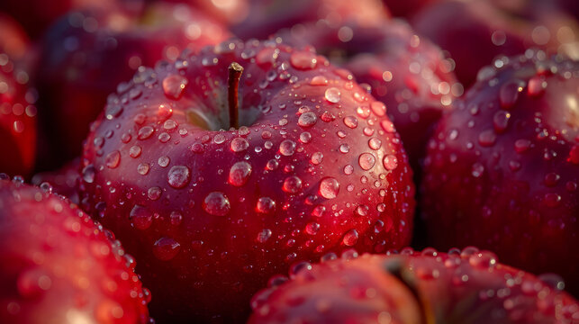   Close-up photo of red apples with water droplets on top and bottom