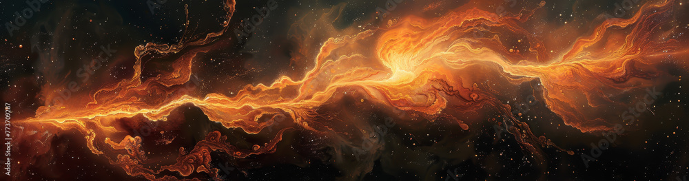 Poster a wide format abstract image showcasing dynamic orange and gold energy streams across a dark cosmic 