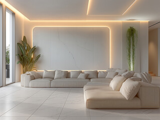 Minimalist Modern Living Room with Beige Sofa and Ambient Lighting and Indoor plants