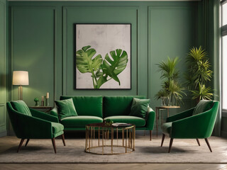 Modern living room with green background