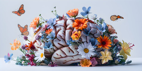 Image of human brain with flowers and butterflies, representing self care and positive mental health