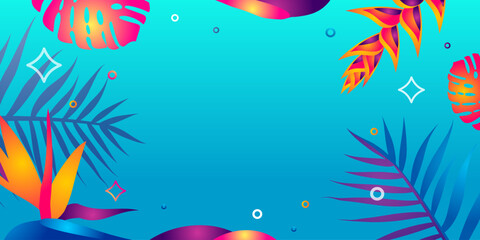 Tropical background. Vector web banner, poster, card for social media, networks. Frame of flowers on blue background. Template with copy space. Asian Pacific American Heritage Month background.
