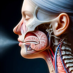 An anatomical illustration showing exhalation from the human mouth passing through the oral and tracheal muscles.