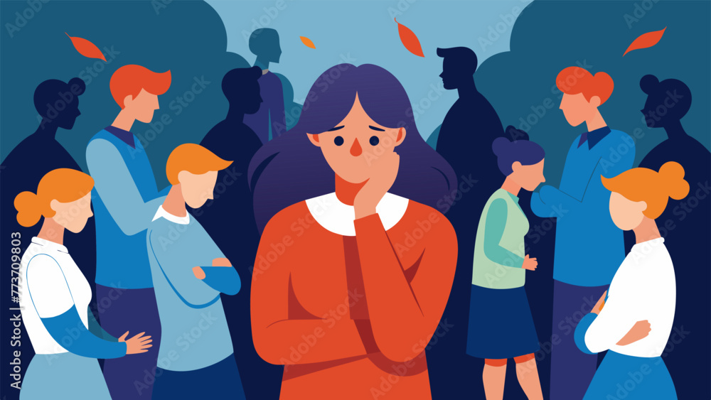 Poster an illustration of a person experiencing a panic attack in a crowded room with everyone around them 