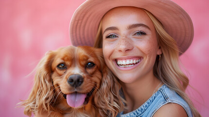 Portrait of smiling young blond woman in summer hat embracing king Charles spaniel dog. owner and pet relations concept. Veterinary health. Isolated front view on pink background. Generative Ai