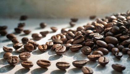 Roasted coffee beans on a wooden surface, with a shallow depth of field