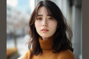  Attractive thoughtful young asian woman looking at the camera