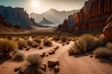 landscape with desert and mountains - obrazy, fototapety, plakaty