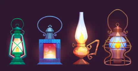  Old oil and gas lamp with flame. Cartoon vector illustration set of glowing vintage kerosene lantern. Antique classic petrol light bulb with handle. retro mine or camp portable lamp with fire. © klyaksun