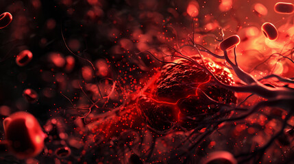 A digital artwork showcasing stylized red blood cells in a dynamic and abstract setting, suggesting flow and circulation