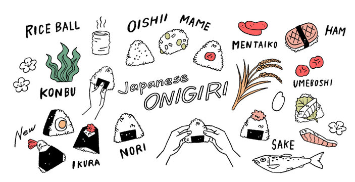 Japanese rice ball, salmon, cod roe, kelp and other ingredients, vector illustration in casual hand-drawn style. おにぎりと英文字のベクターイラストセット