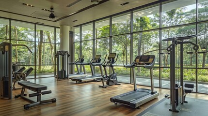 A state-of-the-art fitness center with floor-to-ceiling windows overlooking a lush green park,...
