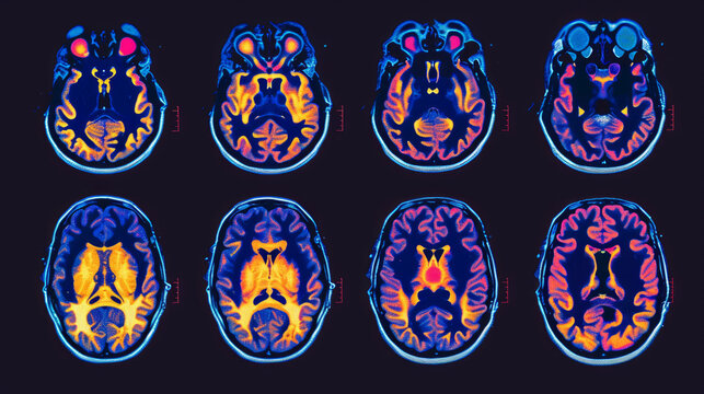 A composite image of brain scans from an MRI, vividly colored to distinguish various neural pathways and regions
