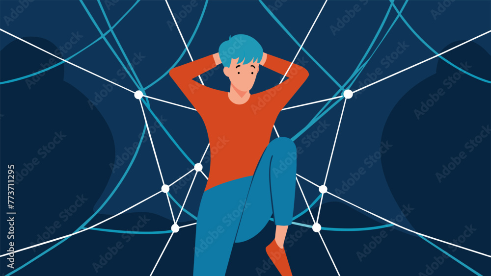 Poster a person in a tangled web struggling to break free and untangle the conflicting thoughts and beliefs