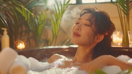 Asian woman enjoying a relaxing bath in luxurious bathtub