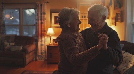 senior couple dancing together in their cozy living room