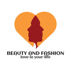Heart and two beauty women face romantic logo design concept template vector. love symbol illustration. Cosmetic and spa fashion logotype