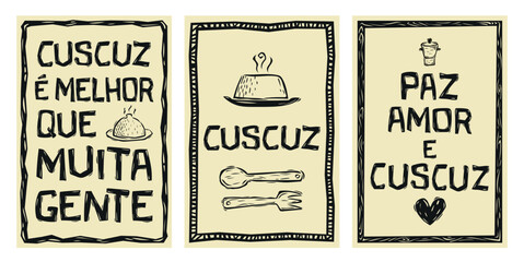 Couscous, typical food from northeastern Brazil. Phrases for paintings, posters, banners, invitations, cards. Cordel woodcut.eps