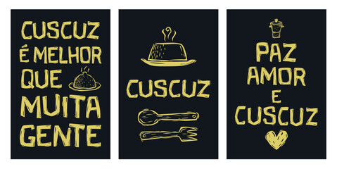 Couscous, fun expressions linked to typical northeastern food. Vector illustration in woodcut style of Brazilian cordel.eps
