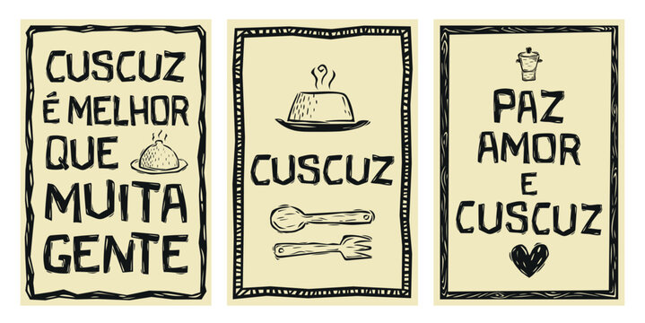 Couscous, typical food from northeastern Brazil. Phrases for paintings, posters, banners, invitations, cards. Cordel woodcut.eps