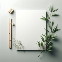 Mockup white paper textured with bamboo leaves, greeting card, invitation card, thanks card