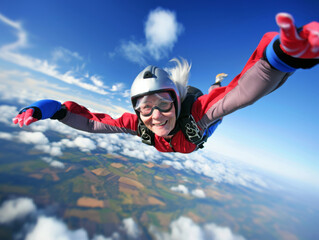 Older woman skydiving with an excited grin on her face