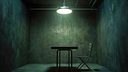 Dark grungy interrogation room with single bright light overhead - obrazy, fototapety, plakaty