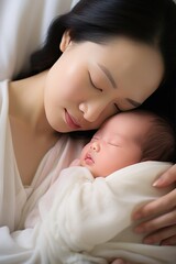 Obraz na płótnie Canvas Vertical photo of a lovely Asian mother shares moment with child nestled in arms in tender care and warmth. Loving Asian mom holds baby close filled with tenderness with affection.