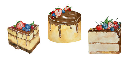 Set of Cake Pieces. Chocolate iced Cake with Berries. Blueberries, Raspberries, Strawberries. Watercolor illustration. for menu, cookbooks, blogs, recipes, kitchen textiles, clothes, card, invitation