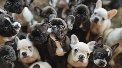 French Bulldog puppies looking up at camera wallpaper background.