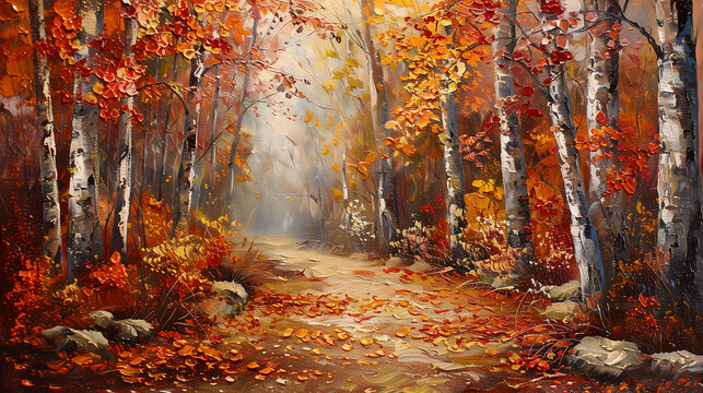 Digital Oil Painting of Misty Forest Scene with Sun Rays