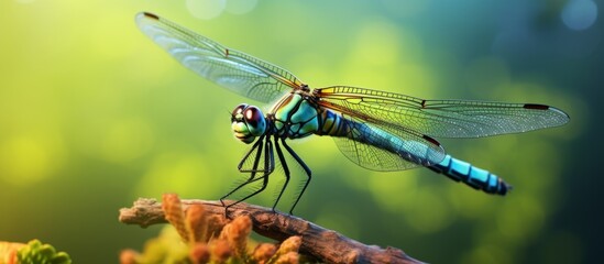 Macro shot of a dragonfly showing intricate details, featuring a vibrant blue body and contrasting black wings