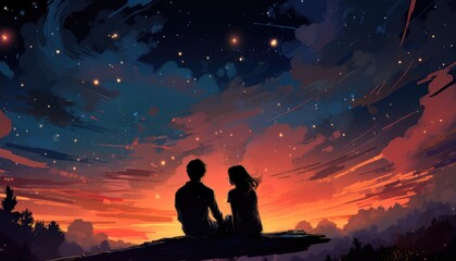couple sitting and looking at the sky with a spectacular meteor shower, digital art style, illustration painting - obrazy, fototapety, plakaty